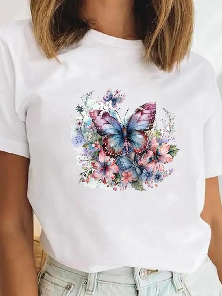 Nature Tshirt Butterfly Flowers Womens Tshirt Watercolor Print Tshirt Oversize Casual Tshirt Nature Lover Daily Streetwear