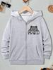 Felpa con zip da bambino grigia Gatto grigio che sbircia carino Zampa Miagolio Grafica con lettere Manica lunga Tasca Giacca con cappuccio casual per ragazze