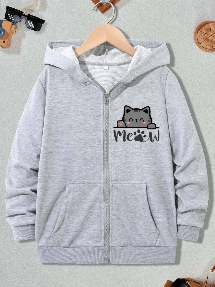Felpa con zip da bambino grigia Gatto grigio che sbircia carino Zampa Miagolio Grafica con lettere Manica lunga Tasca Giacca con cappuccio casual per ragazze