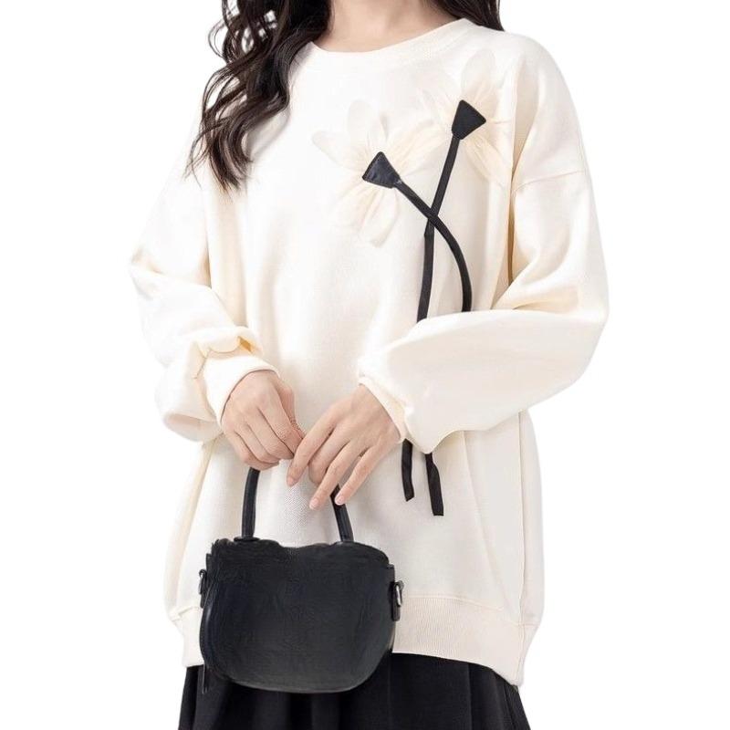 Women's 3D Decorative Hoodie Korean Version Loose Round Neck Flower Pattern Hoodless Sweatshirts Autumn Minimally Casual Daily Famale Top