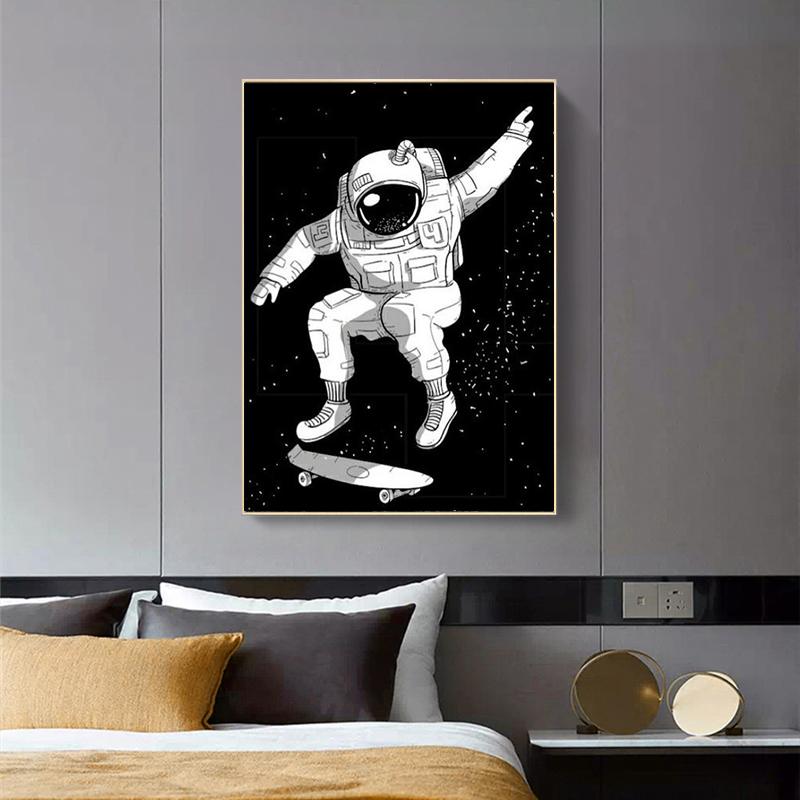 RUOPOTY צייר לפי מספרים אסטרונאוט איור קיר אמנות ייחודית מתנה מצוירת ביד תמונה לפי מספרים ירח לסלון