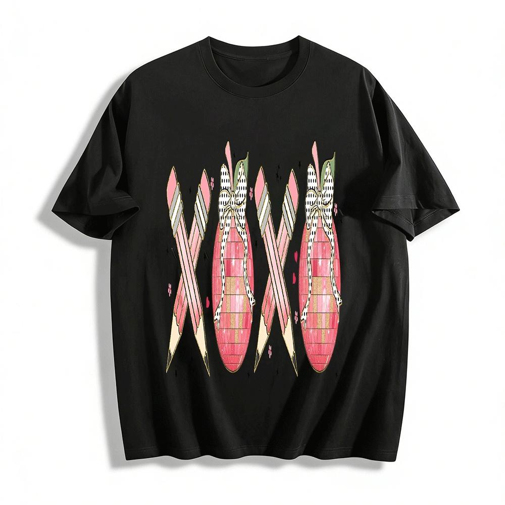 

Sweet Pink Pencil Disco Apple Print Casual Top Pure cotton T-shirt XXS
