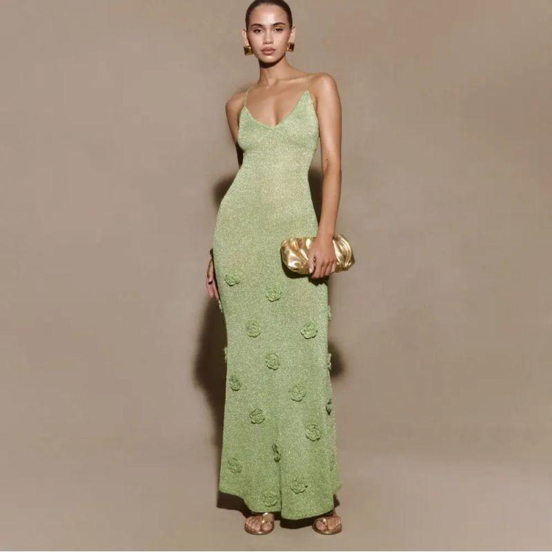 

European and American Knitted Sling Three-Dimensional Flower Depth V-neck Beach dress Women Deep V-neck Beach Dress wo4796 Green S