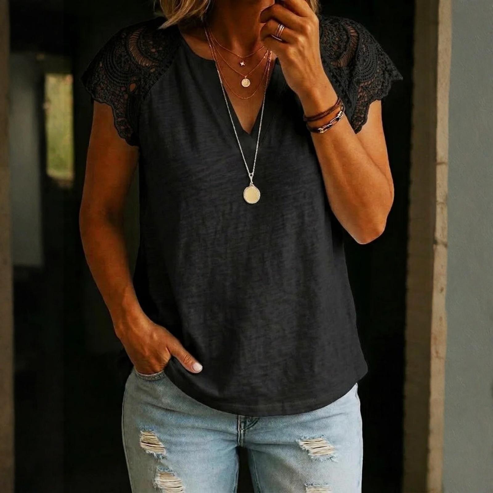 Women s Loose-Fit, Stylish, And Casual Short-Sleeve Top With Lace-Paneled V-Neck L чёрный