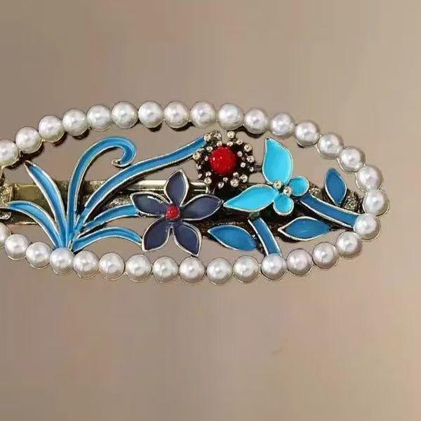Retro Blue Flower Hanfu Hair Clip with Pearl Tassel