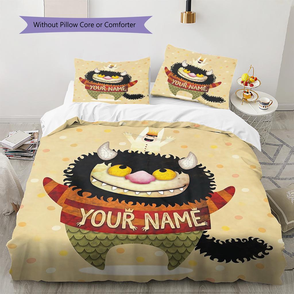 Monster Adventure Custom Name Pattern Bedding Quilt Set Quilt Cover Pillowcase Home Birthday Gift(1 * duvet cover + 2 * pillowcase, without core)