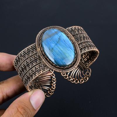 Labradorite Gemstone Pure Copper Wire Wrapped Handmade Cuff/ Bangle Adjustable Jewelry