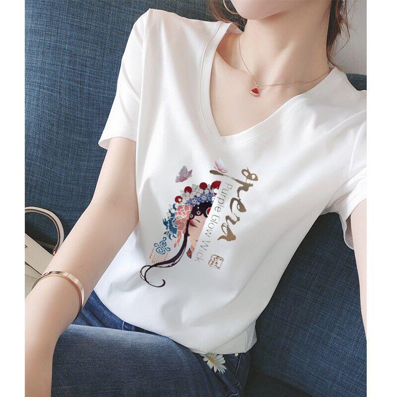 

Европейская станция Guochao Летняя хлопковая белая футболка с V-образным вырезом и свободной печатью Женская футболка с коротким рукавом ins Tide 2025 Женская одежда S