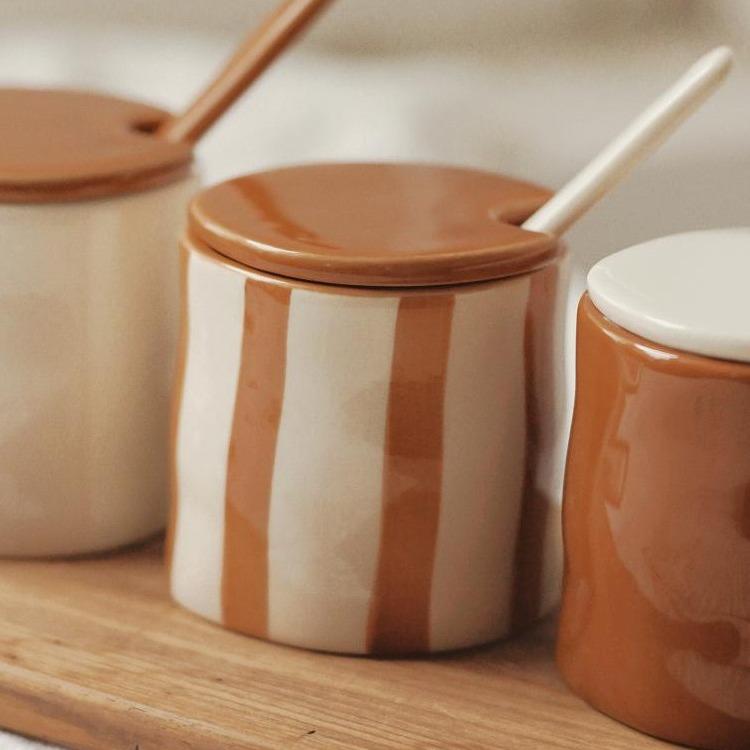 Vintage Ceramic Striped Hand Painted Spice Jars Set with Spoon Kitchen Storage Containers