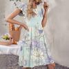 Women's Round Neck Summer Flying Sleeves Casual Fashion Floral Print Loose Button Pocket Midi Dress