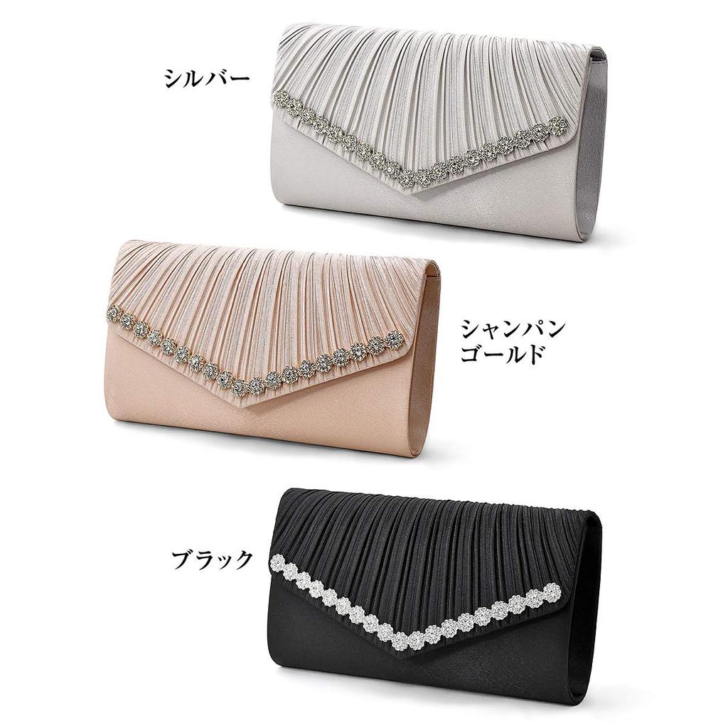 Plex Party Bag, Flower Motif, Stone, 3-Way Pleated Design, Clutch, Women's, Black