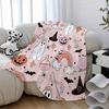Cute Pink Halloween Theme Flannel Throw Blanket Soft Lightweight Bed Sofa Cover, Cozy Boho Ghost Pumpkin Pattern Fleece Rug for Fall Decor