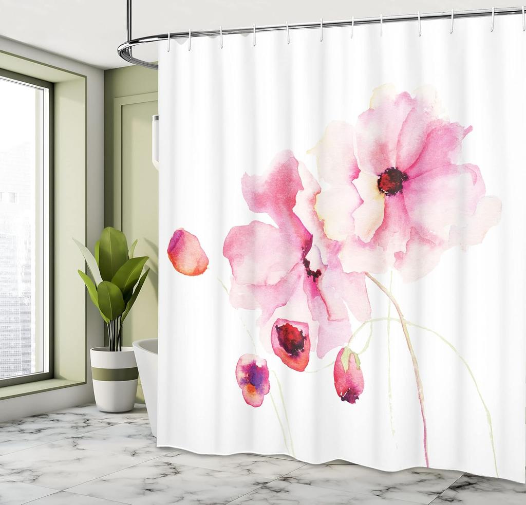 Watercolor flower shower curtain with hooks-soft pink flowers, dreamy spring art, fresh floral bathroom decoration