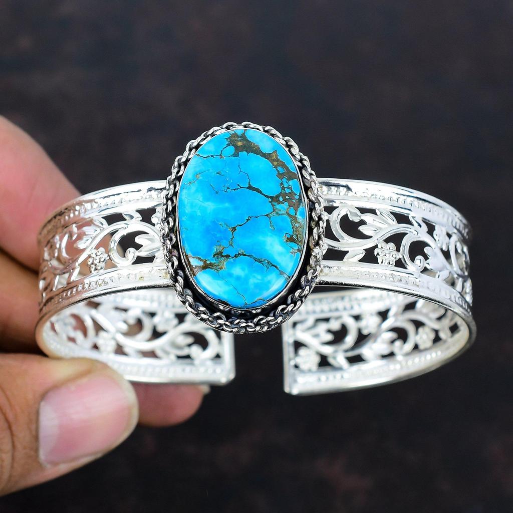 Tibetan Turquoise Bangle Genuine Gemstone Jewelry 925 Sterling Silver Cuff Bracelet Adjustable Bangle Handmade Boho Jewelry Anniversary Gift