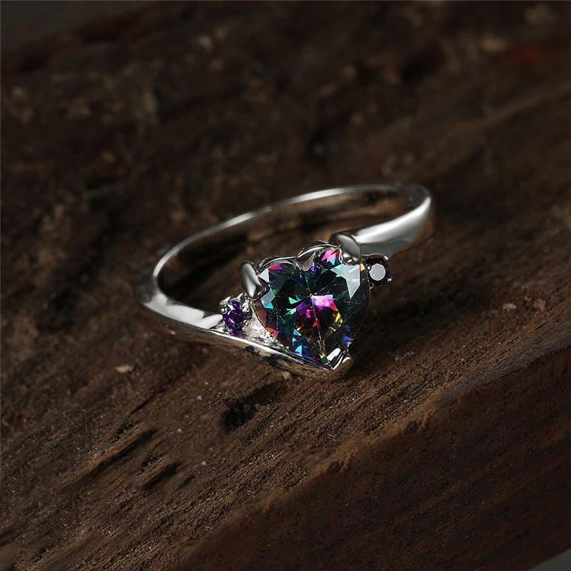 1Pc Fashion Synthetic Zircon Rainbow Heart Ring Creative Rainbow Peach Heart Ring Swing Arm Design Multifunctional Ring