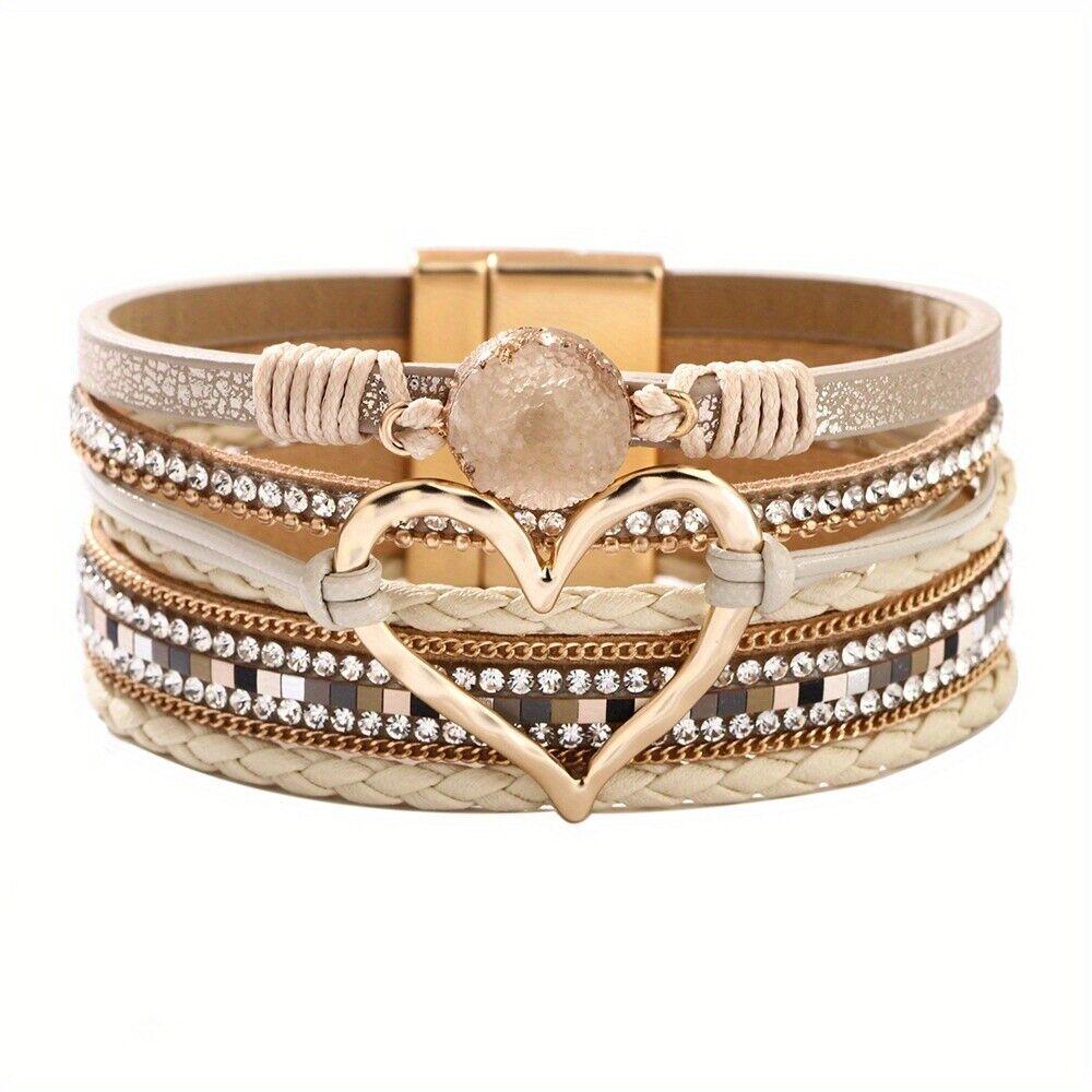 Boheemse Multilayer PU Lederen Bangle Handgemaakte Gevlochten Armband Gouden Grote Liefde
