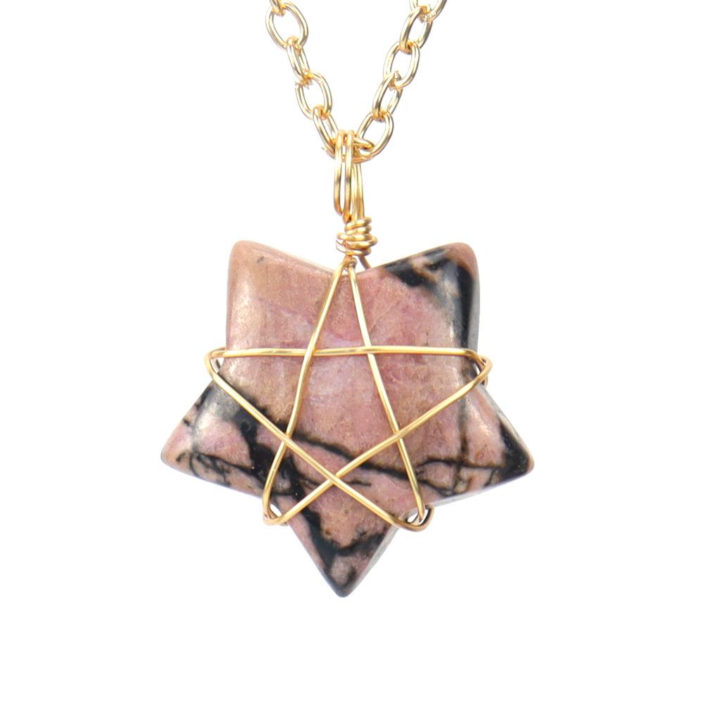 Hand-Wound Gold Natural Crystal Agate Pentagram Tiger Stone Star Necklace N583