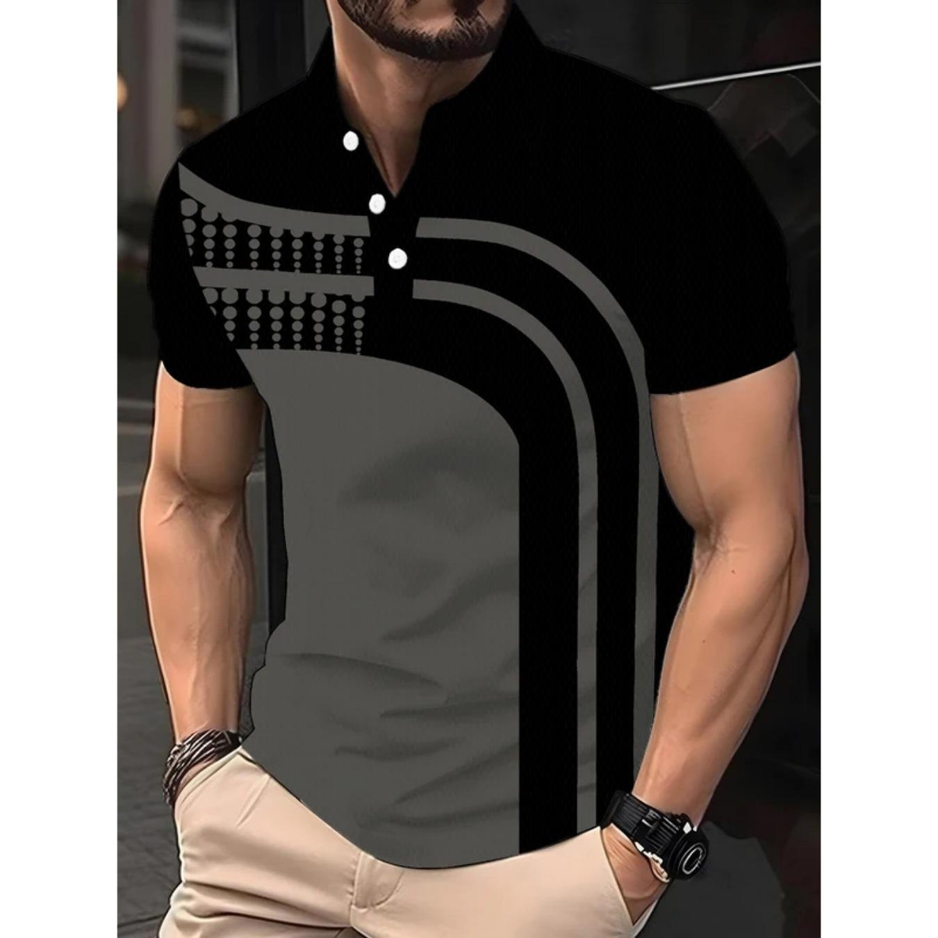 polo shirt, simple striped pattern men s color block printed shirt, summer oversized short-sleeved S