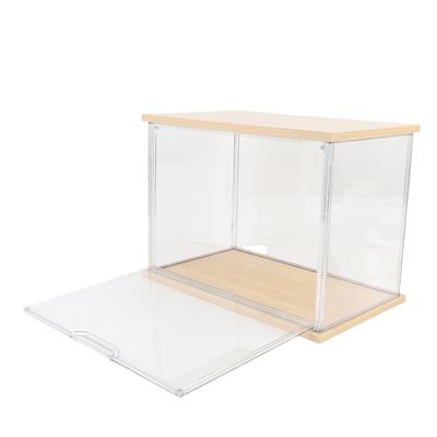 Klare   Vitrine Kunststoff-Ausstellungsbox für Sammlerstücke Puppe Hauslagerung Spielzeugorganisation Holzsockel 14,3x8,7 .7in