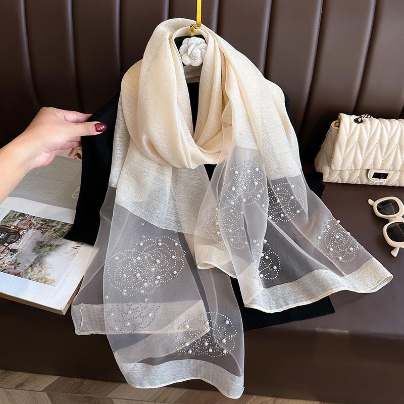 Elegant Organza Silk Scarf With Beads Solid Color 190*70Cm Long Scarves Embroidery Flowers Pearl Solid Shawls For Women Hijab