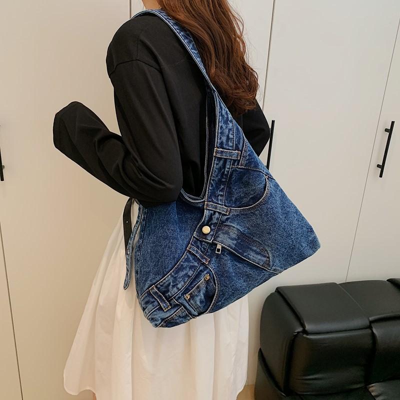 Vintage Denim Bag Women's Underarm Shoulder Bag Large Capacity Commuter Crossbody Bag