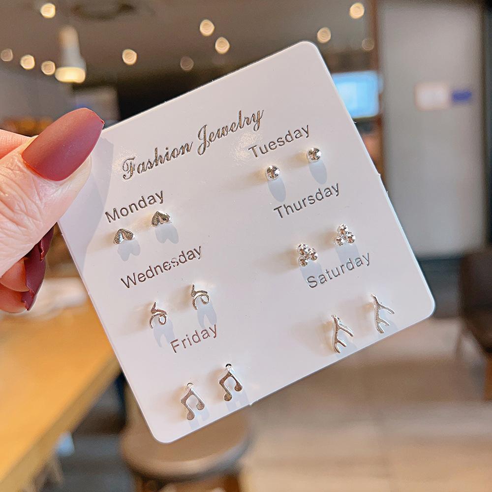 New small fresh one-week stud earrings set 1 pair combination Korean version sweet love bow fairy temperament earrings
