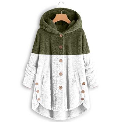 Women's Two-Tone Fleece Coat Hooded Button-Up Winter Warm Jacket