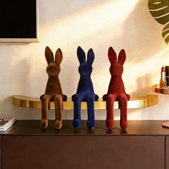 Sitting Bunny Statue Flocking Rabbit Figurine Easter Bunny Ornaments for Living Room Cabinet