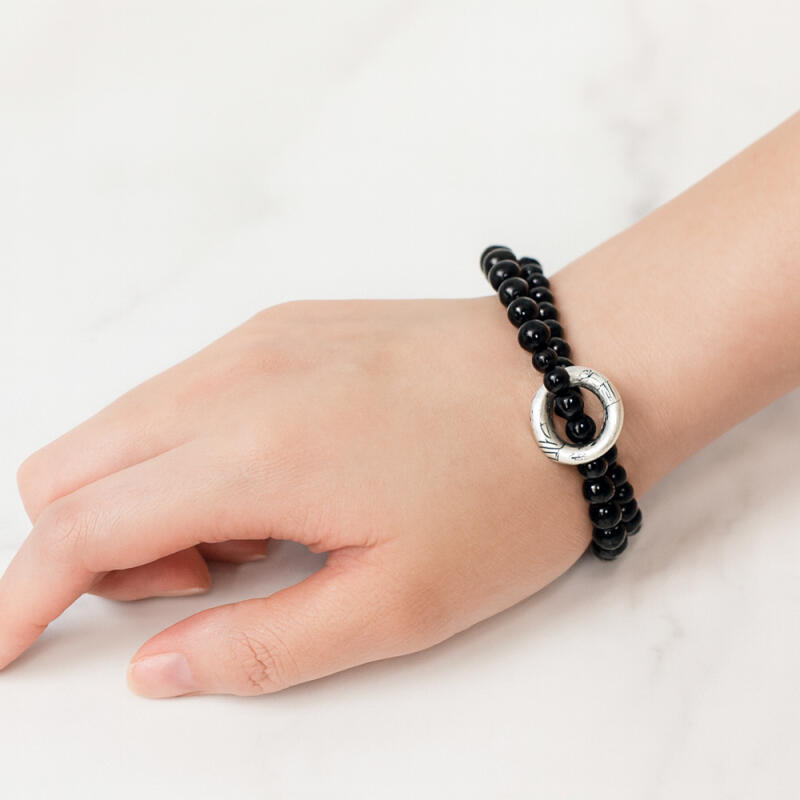 H1 Silver Ring Obsidian Double Bracelet
