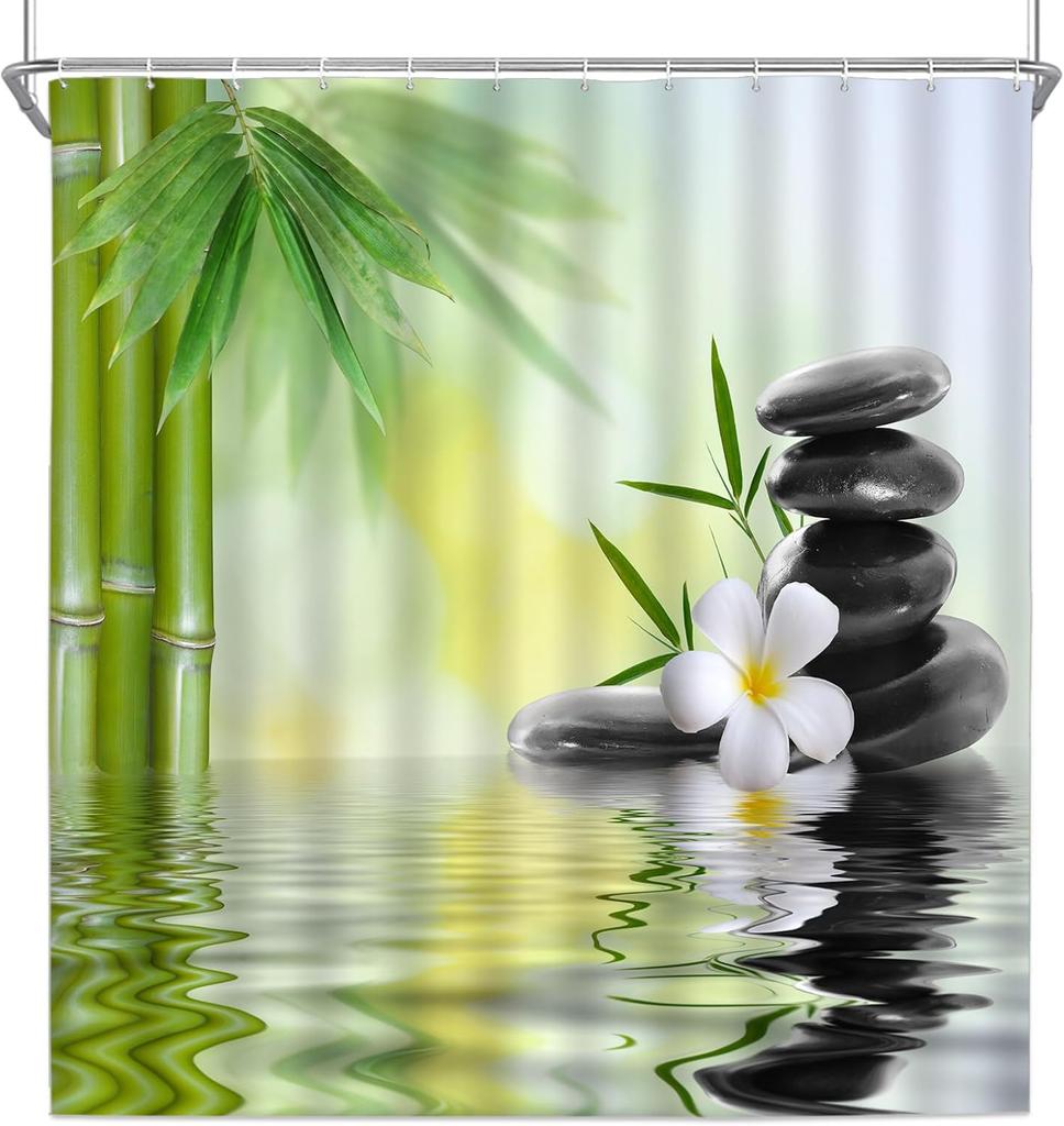 Zen Garden Shower Curtain Spa Green Bamboo Black Stone White Flower Bathroom Decor Supplies Shower Curtains Machine Washable