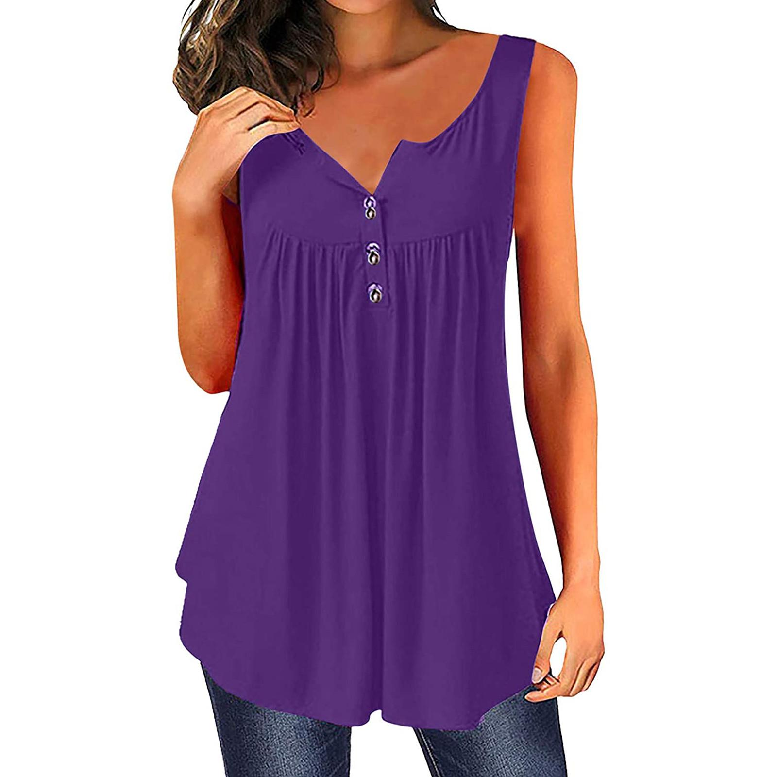 

Womens Summer Sleeveless Solid Color Casual Swing Flowy Tank Tops With Buttons L фиолетовый