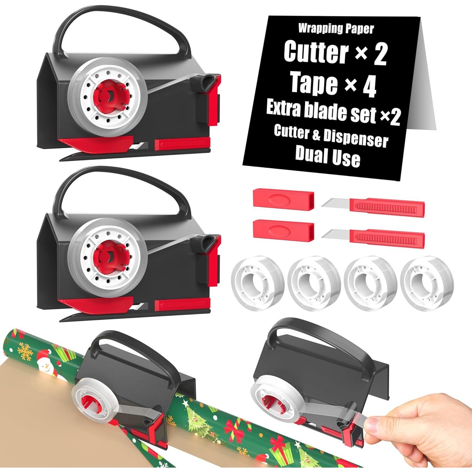 

Резак для оберточной бумаги(2-Pack) & Диспенсер для ленты двойного использования с 4 лентами для рождественской подарочной упаковки, инструмент-резак, держатель для рулона бумаги, туба чёрный
