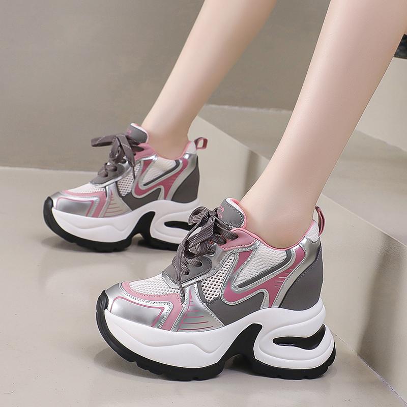 Fashion 2025 New Ladies Shoes Mesh Women's Vulcanize Shoes Mixed Colors Breathable Women Sneakers Increase Height Lace Up Casual Shoes