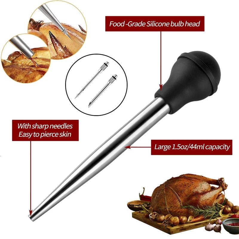 304 Stainless Steel Silicone BBQ Turkey Pump Double Needle with Kitchen Cooking Pork Steak Meat Sauces Barbecue Seasoning Tool