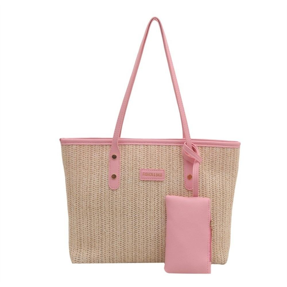PU Straw Shoulder Bag Solid Color Beach Straw Handbag Sweet Weave Tote Bag Summer розовый 1170₽