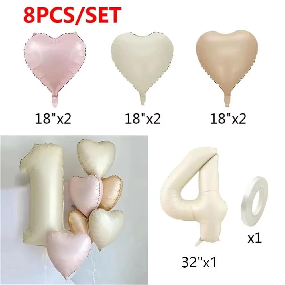 8pcs Cream Color Number Heart Foil Balloons Happy Birthday Party Decorations Kids Girl Boy 1 2 3 4 5 6 7 8 9 Year Old Supplies