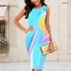 Women Plus Size Round Neck Sleeveless Bright Blue Printed Bodycon Midi Dress