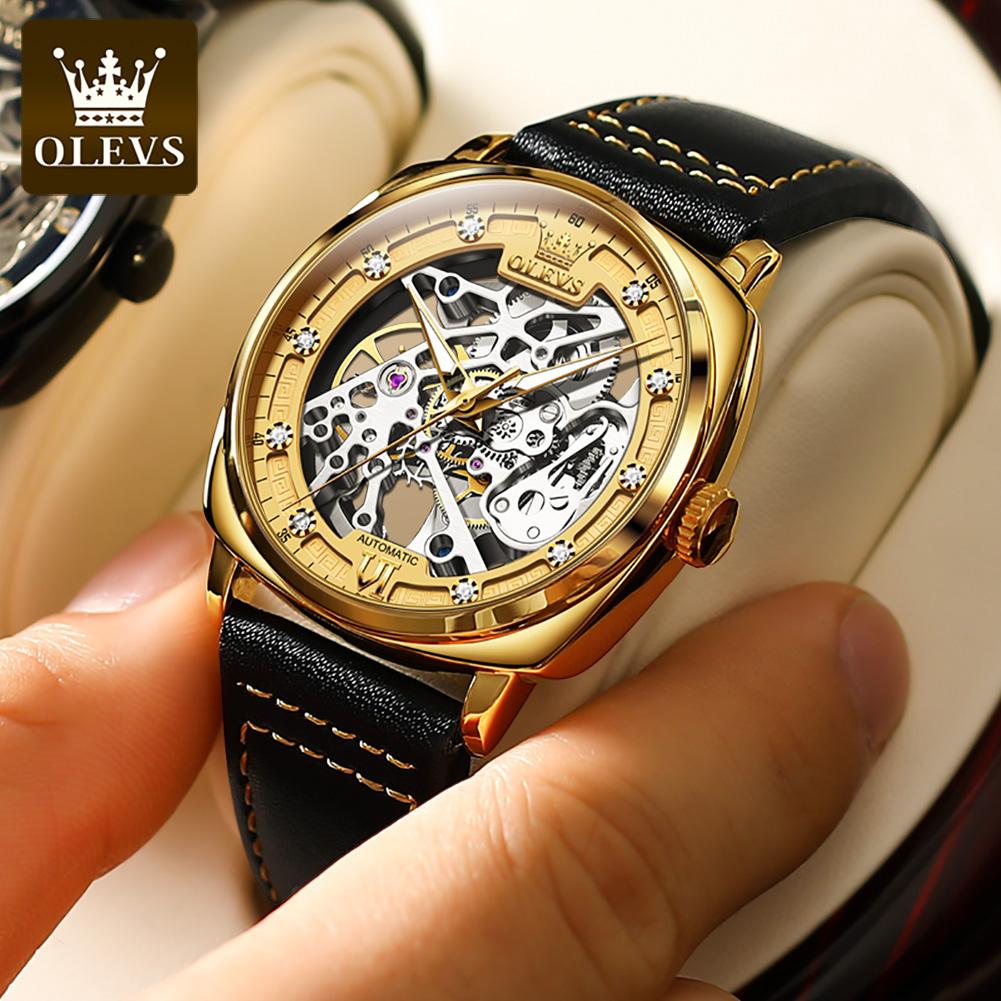 OLEVS 6651 Men's Watches Hollow Square Dial Leather Strap Business Men Wristwatch Original Luxury Brand Men's Wristwatches