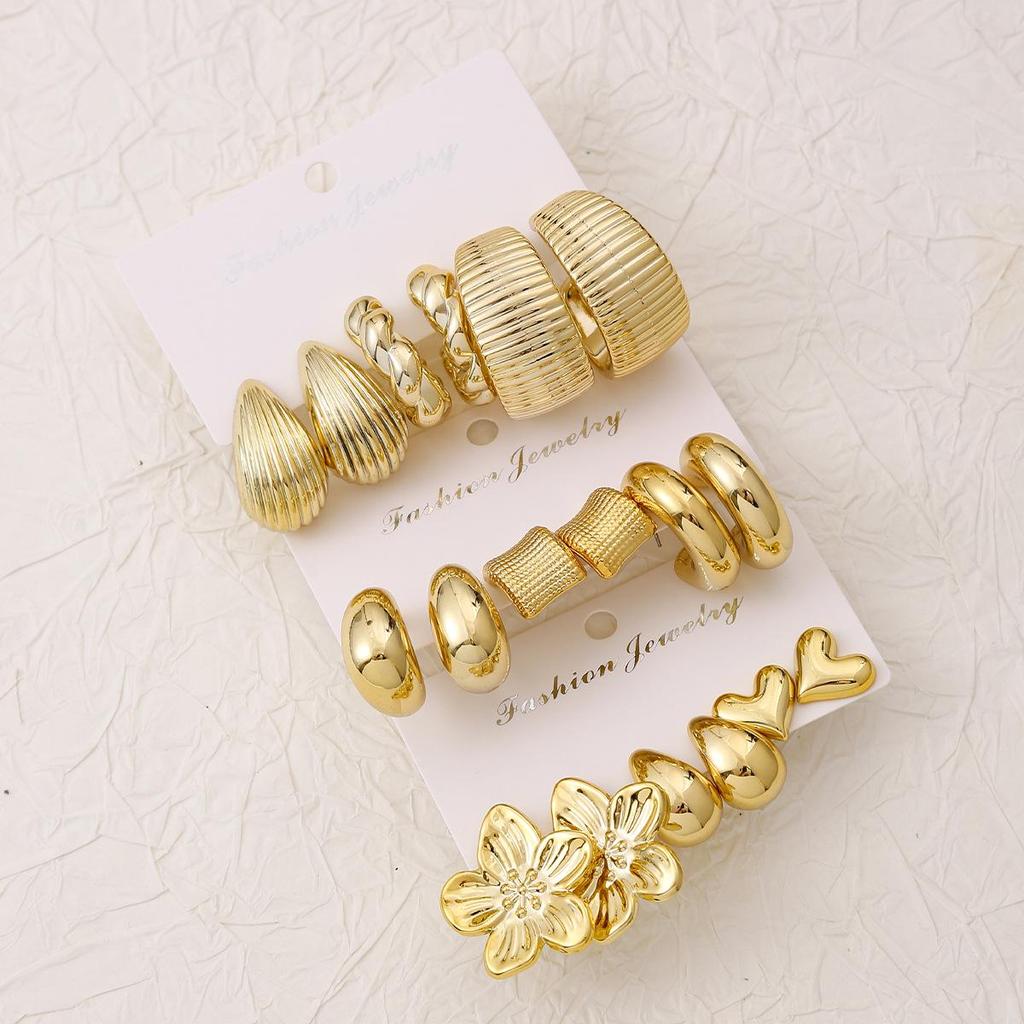 Vintage Geometric Flower & Heart C-Shaped Hoop Earring Set