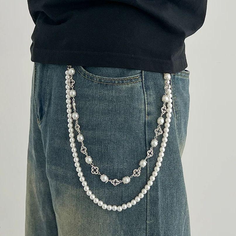 SHIXIN Tendenza Pantaloni Stratificati con Perle Finte Catena per Vita Uomo Donna Versatile Fiore di Strass Catena per Jeans Borsa Ciondolo Accessori