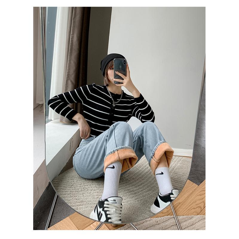 Vintage høy midje dame jeans vinter tykk varm Streetwear jeans med brede ben Dame dongeribukser Rett baggy mor dongeribukser