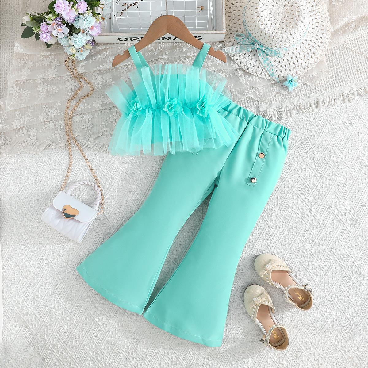 

Літній топ на бретельках однотонний з квіткою троянди, сітчастий + розкльошені довгі штани, модний комплект, дитячий одяг 7Y зелений