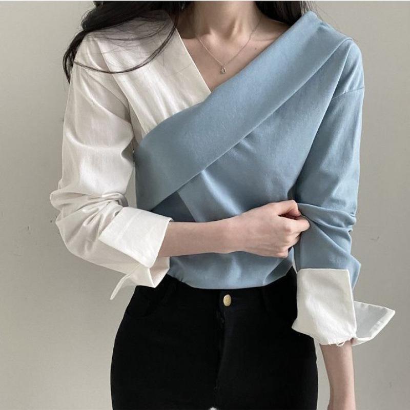 Koreanisches schickes schulterfreies Herbst-Retro-Kontrast-Top für Damen