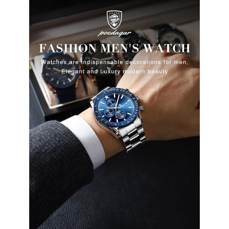 POEDAGAR Luxury Man Watch Chronograph Waterproof Luminous Date Quartz Wristwatch Fashion Sport Stainless Steel Watches
