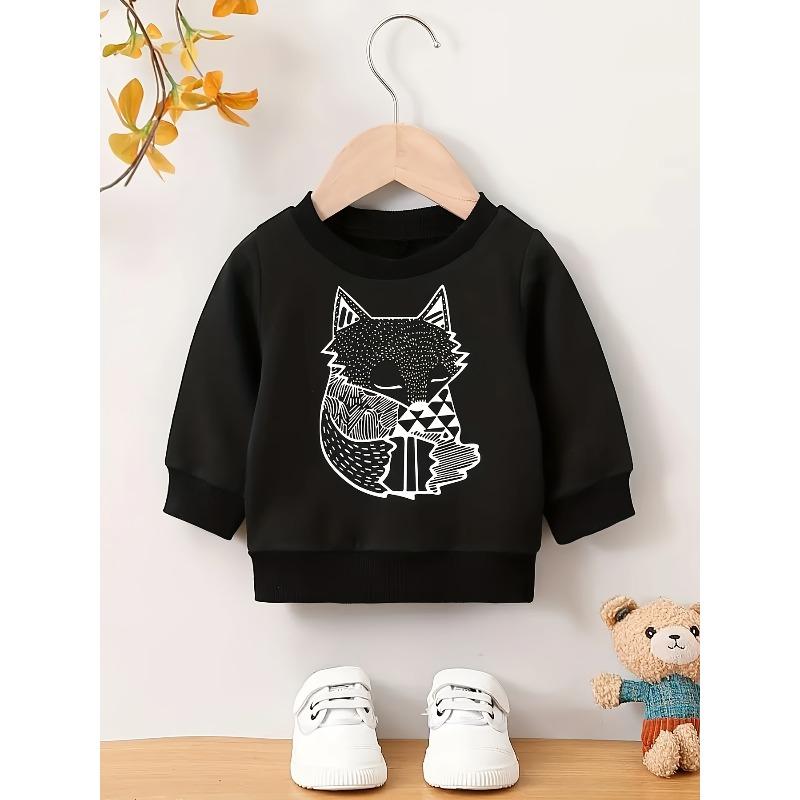 European Sizes One-piece Baby Kid Crewneck Sweatshirt Cute Fox Animal Print Casual Sports Top Suitable For Autumn And Winter