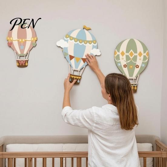 Minimalist Wooden Wall Art for Nursery 3Pcs Cute Hot Air Balloon Decor, Cloud Banner Gender Neutral Kids Playroom Decor Hanging, Background Bedroom 3D