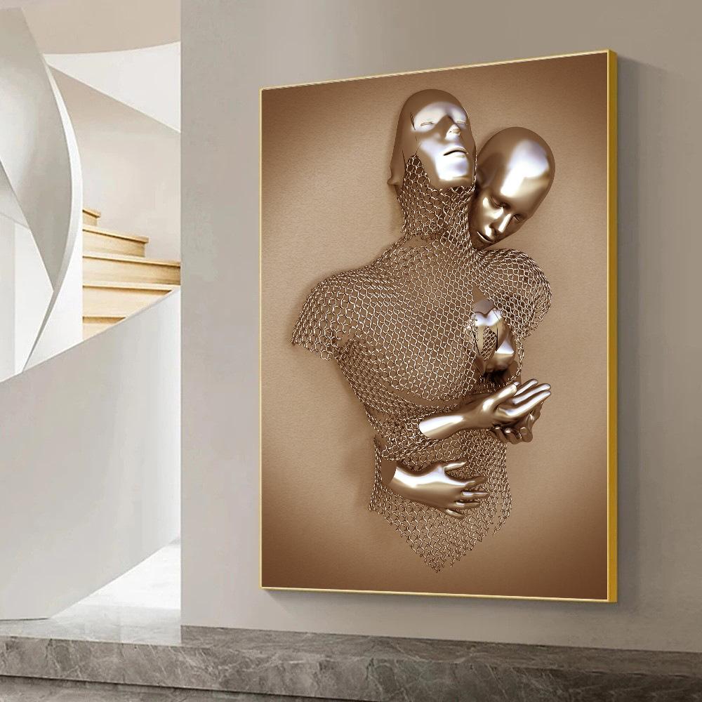 3D Modern Metal Figure Statue Art Canvas Painting Romantic Abstract Posters and Prints Wall Pictures for Living Room Home Decor