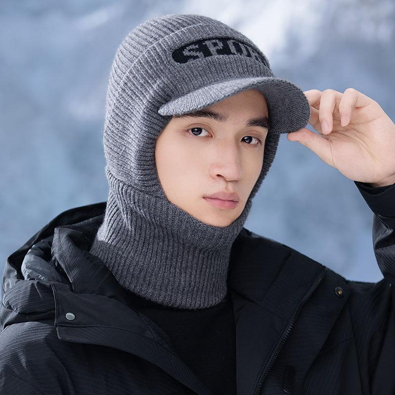 Men'S Velvet Lined Knitted Beanie Winter Hat With Collar, Outdoor Cycling Sports Cap For Men Black/Gray One Piece New Keep Warm