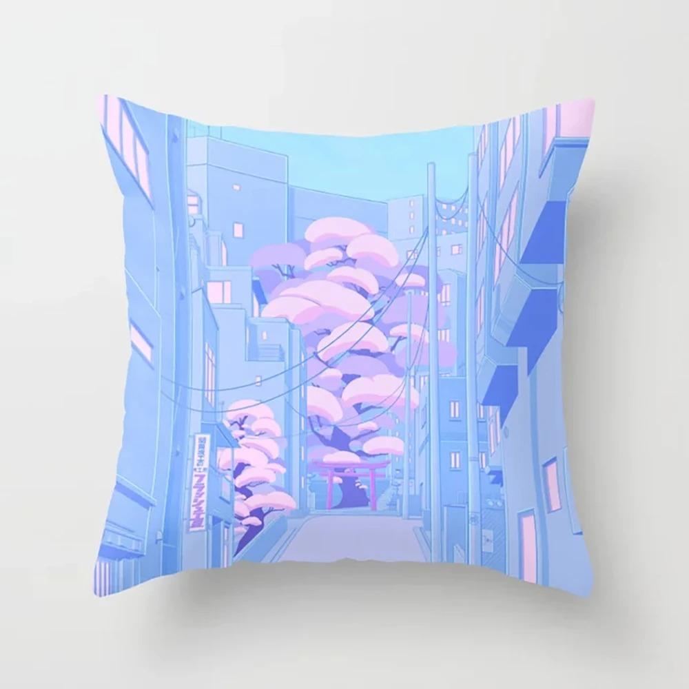 Pink Cartoon City Print Pillowcase Car Ornaments Office Living Room Home Pillowcase