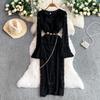 French Celebrity Muse Fan Flocking Lace V-Neck Horn Long Sleeve Design Chain Waist Skinny Dress Dress